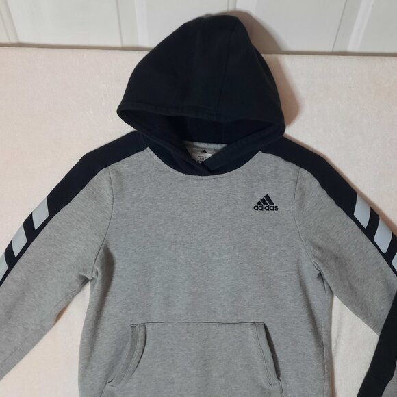 Adidas Youth Warm Pullover Hoodie Small Logo, Gray Black Stripes Size 14-16 EUC - Picture 1 of 10